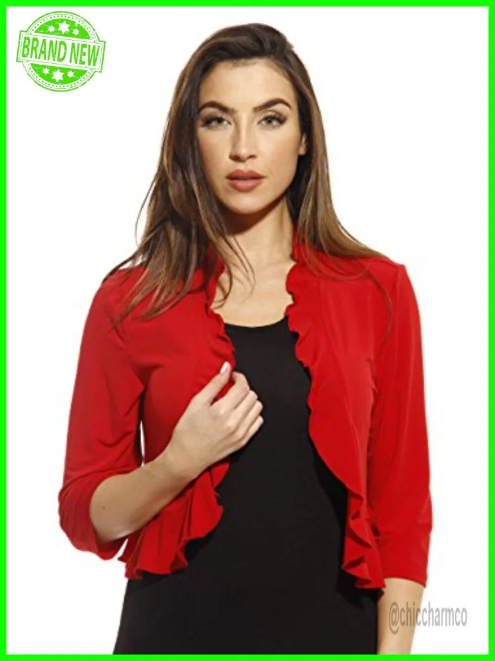 Women's Shrug Cardigan with 3/4 Sleeves Ruffled Trim